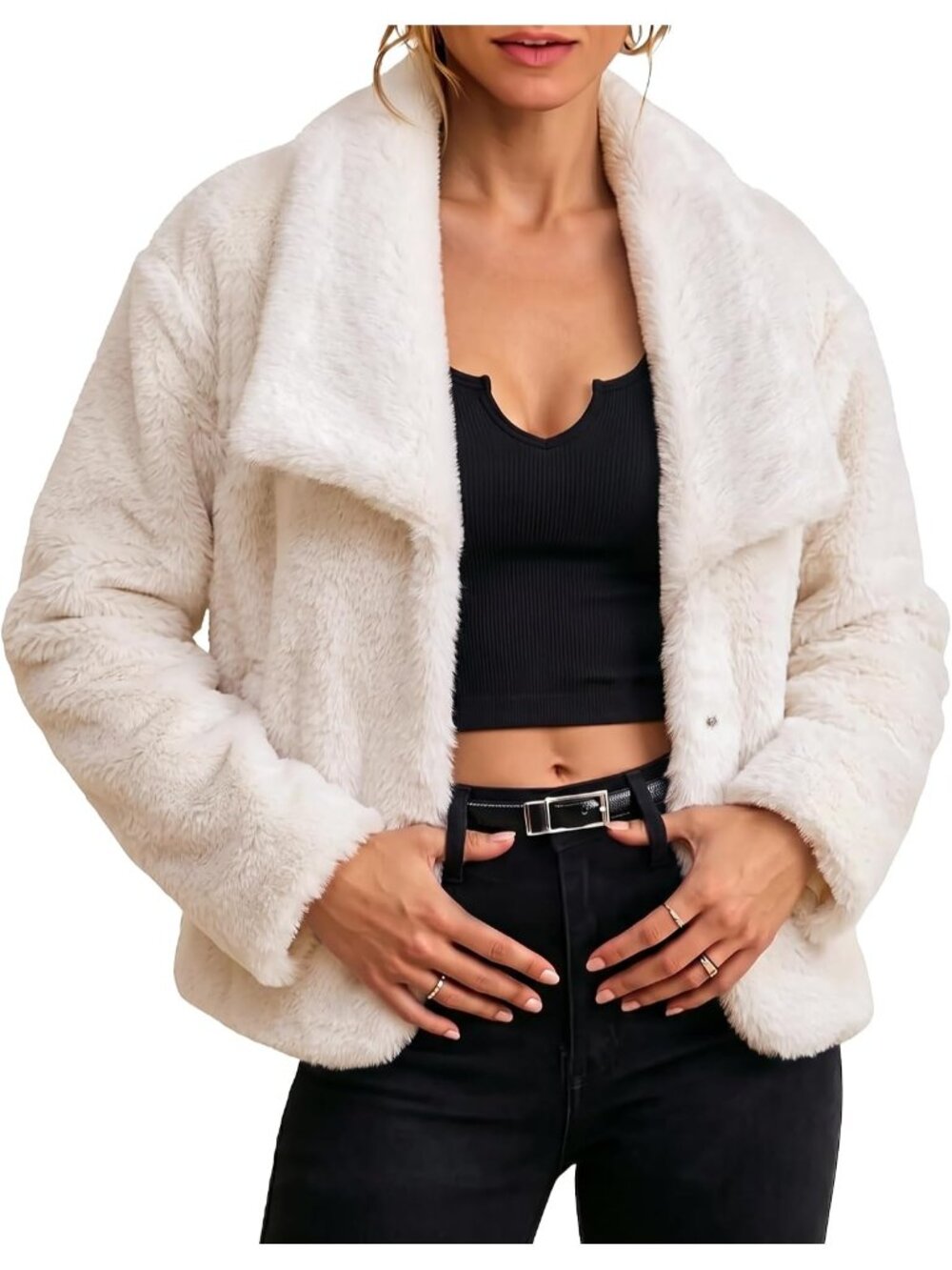 Women's Cream Faux Fur Jackets Coats Oversized Winter Outerwear's Side Pockets